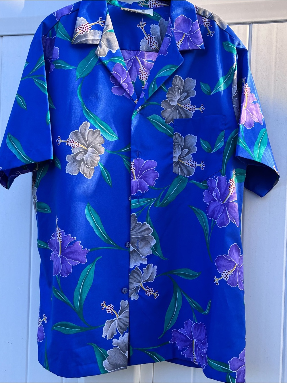 Hilo Hattie Men’s Vintage Royal Blue Hawaiian Shirt Purple Floral Print Sz XL